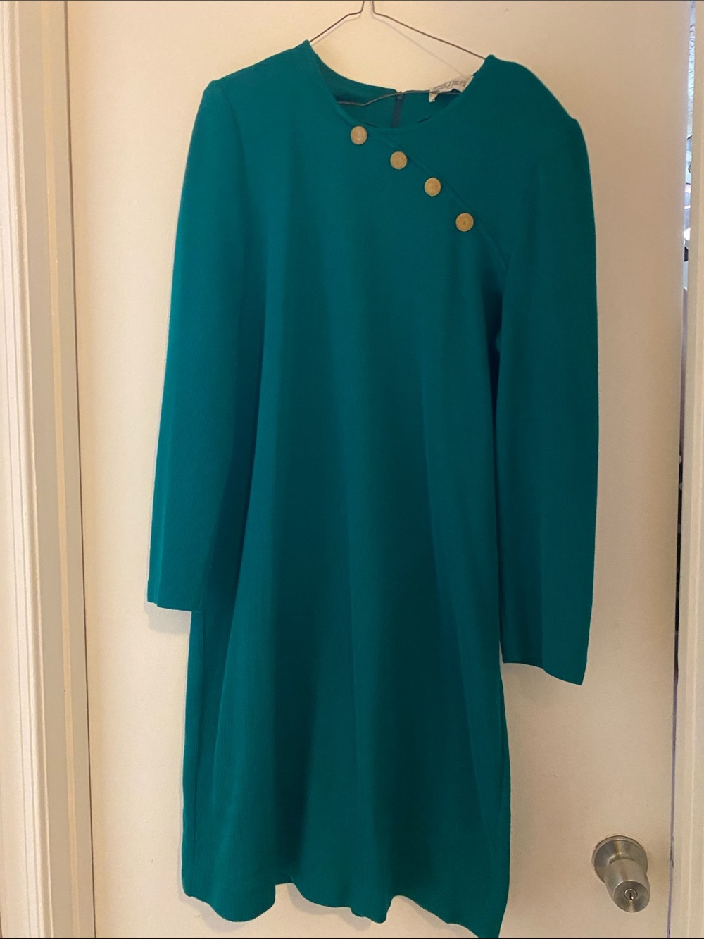 Women’s Teal Long Sleeve Shift Dress with Accent Buttons